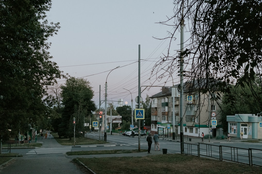a street with buildings and trees
